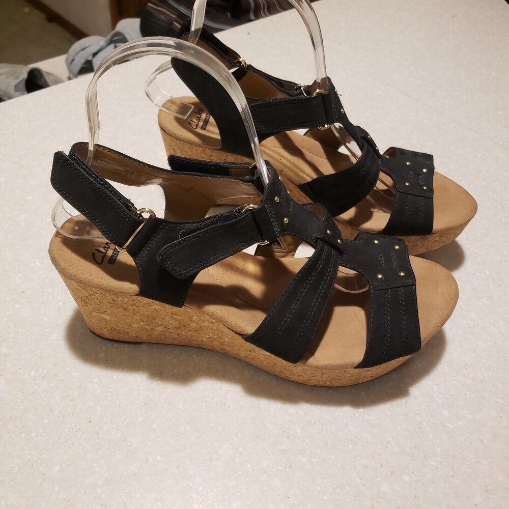 Clarks Annadel Pearl Black Nubuck Leather Wedge Sandals Womens Size 9.5